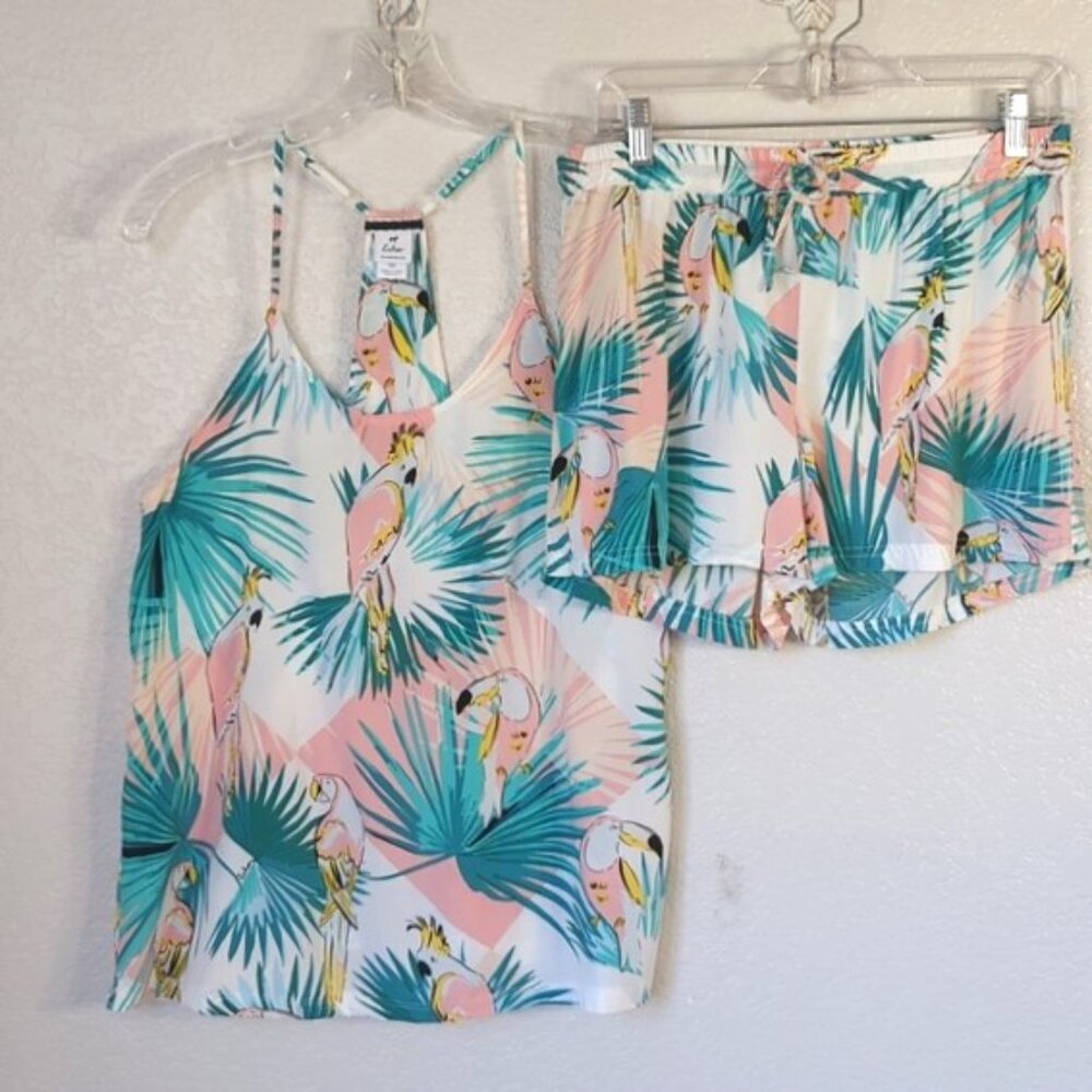 Echo Sz M Cami Racerback Top & Short Bottom Set Tropical Bird Print